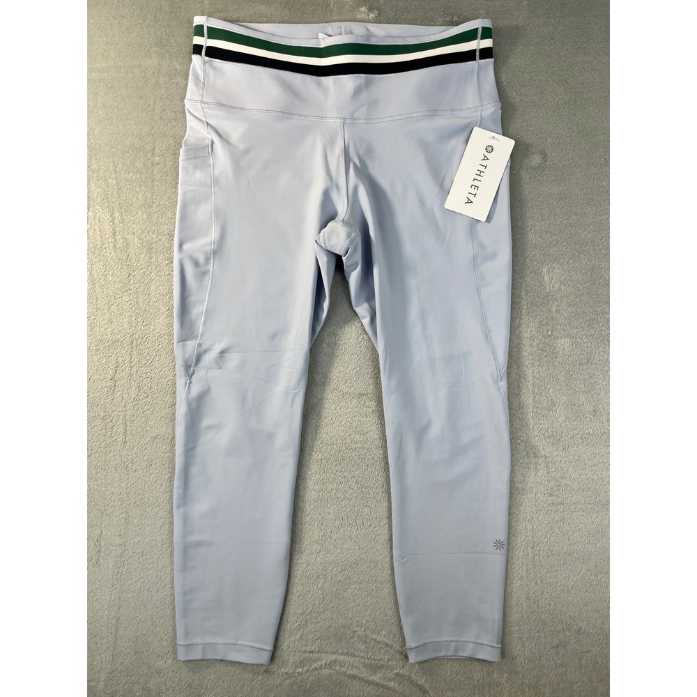 Athleta Interval Stash 7/8 Stripe Tight Women L Blue Pockets PowerMove Leggings